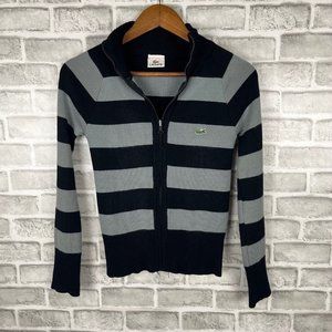 Lacoste Womens Small/6 Lightweight Black Gray Stripes Full Zip Pullover Sweater